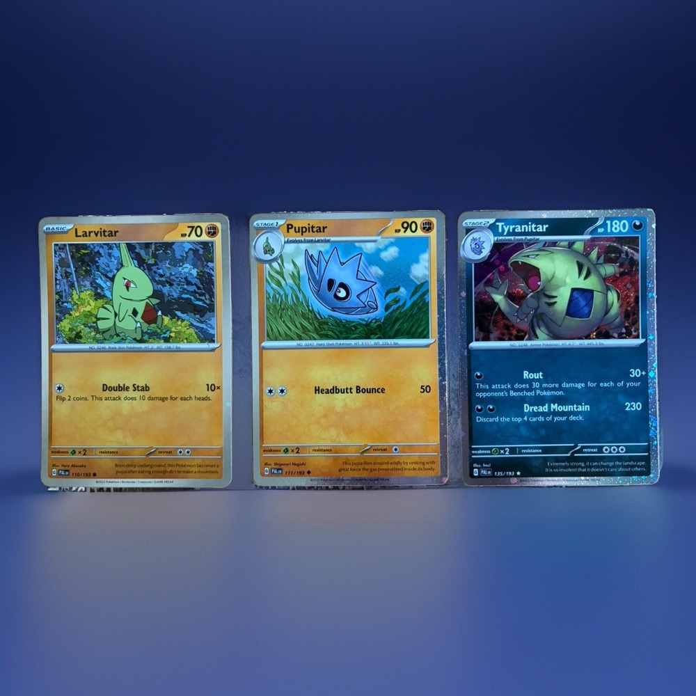 Pokémon Paldea Evolved Tyranitar 135/193 Cosmos Holo + R Holo Larvitar & Pupitar